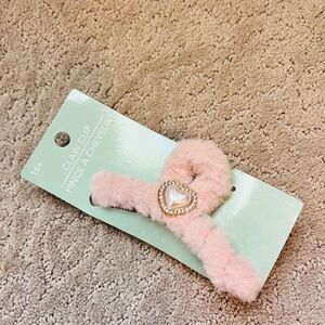 Pink Furry Hair Clip with Heart Accent